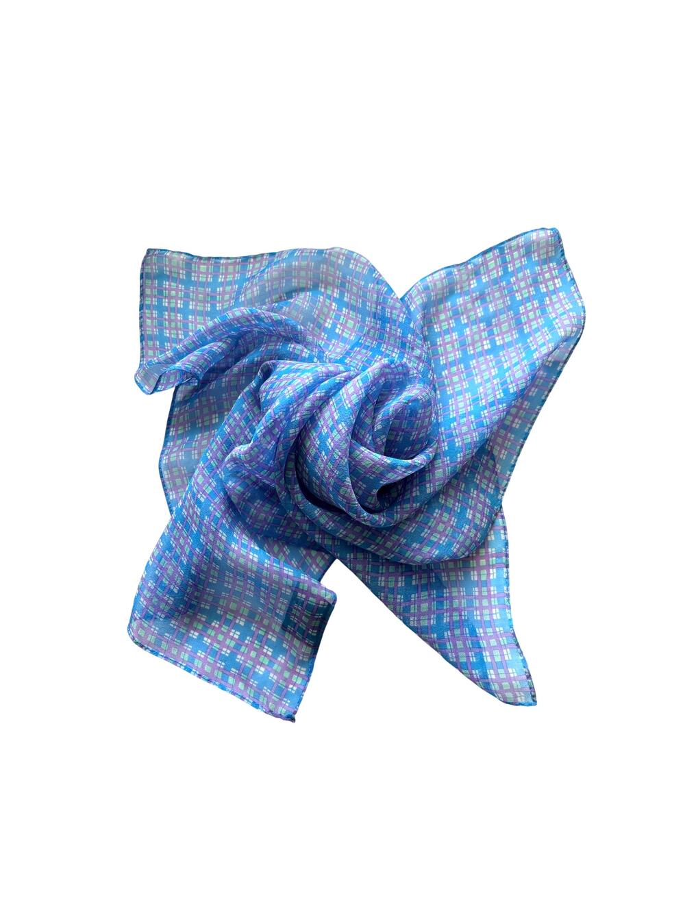 Cejon Blue Plaid Sheer Square Scarf 100% Silk 20.5" Preppy Grandmacore Y2k